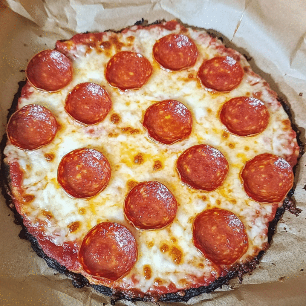 Keto cottage cheese egg pizza crust topped with mozzarella and pepperoni on a rustic wooden table.