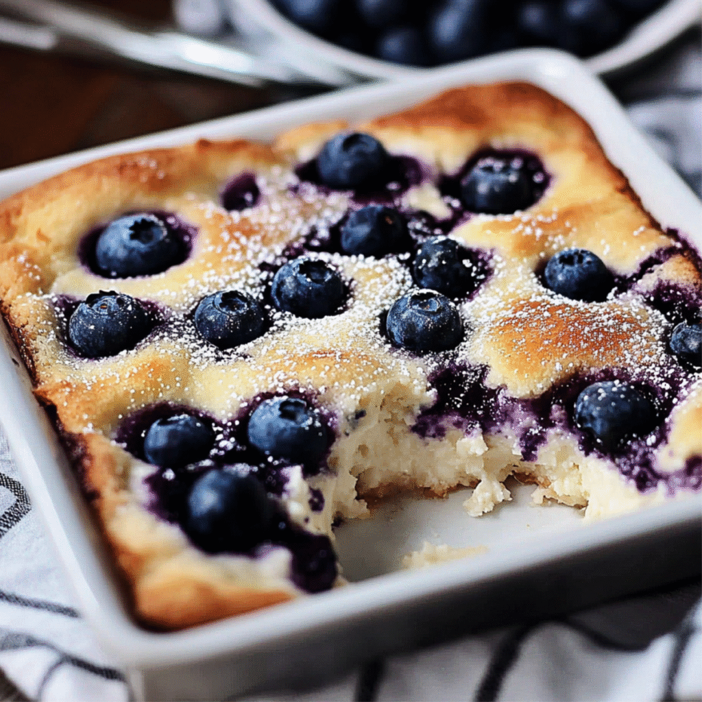Blueberry cottage cheese breakfast bake served on a rustic plate