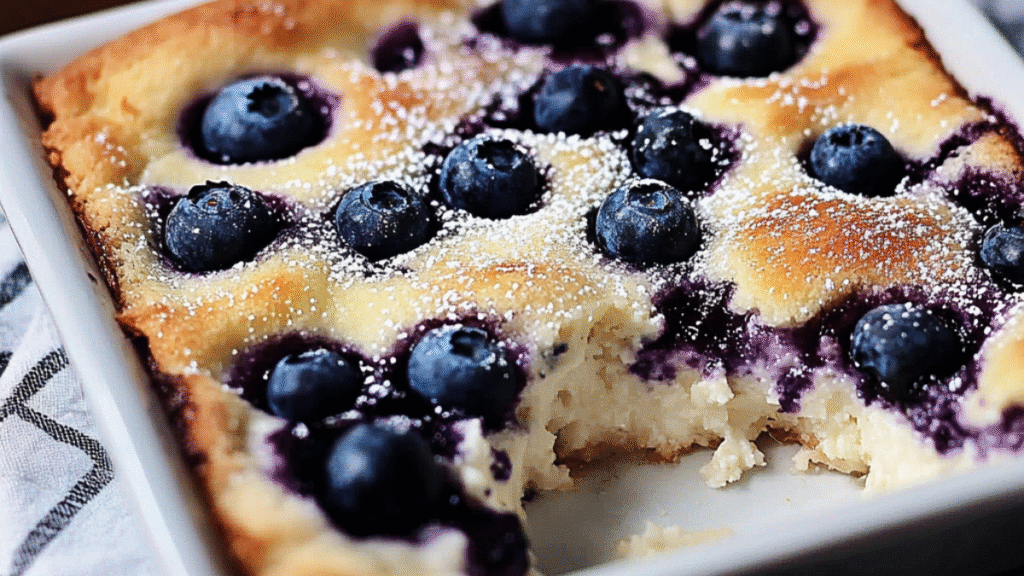 Blueberry cottage cheese breakfast bake served on a rustic plate