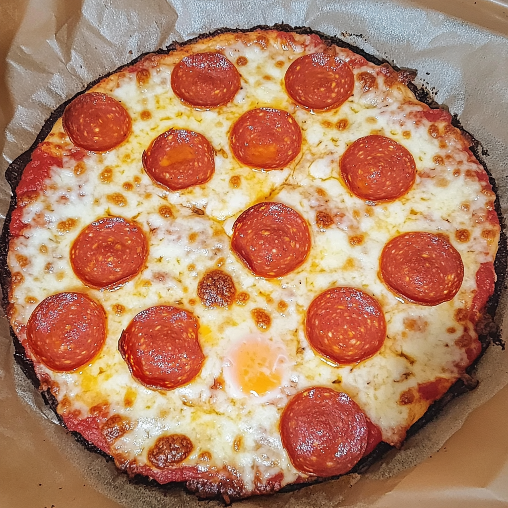Amazing Keto Cottage Cheese Egg Pizza Crust – Easy, Budget-Friendly, & Delicious! 5 Keto cottage cheese egg pizza crust topped with mozzarella and pepperoni on a rustic wooden table.