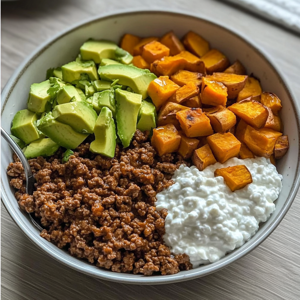 Hot Honey Ground Beef Bowl with avocado and hot honey